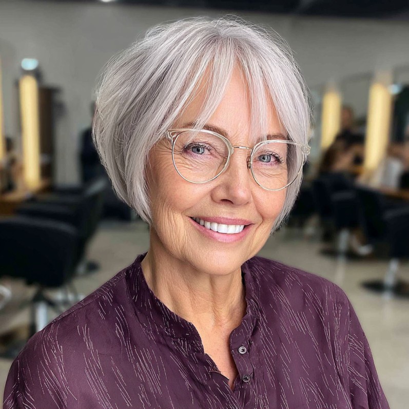 Textured Silver Jaw-Length Bob with Soft Bangs