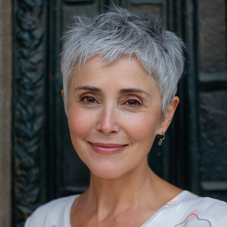 Textured Silver Pixie Cut with Soft Layers