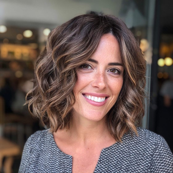 Textured Wavy Bob with Caramel Highlights