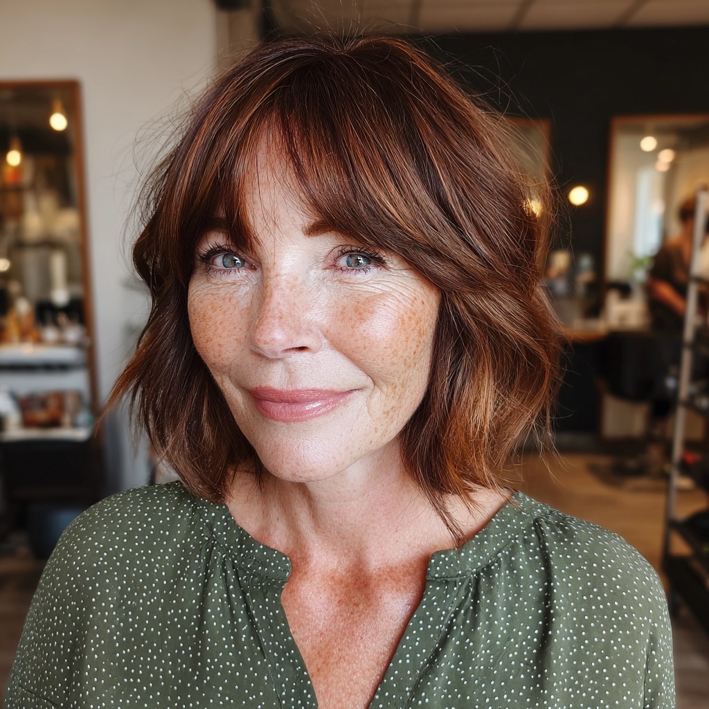 Warm Auburn Textured Lob with Soft Bangs