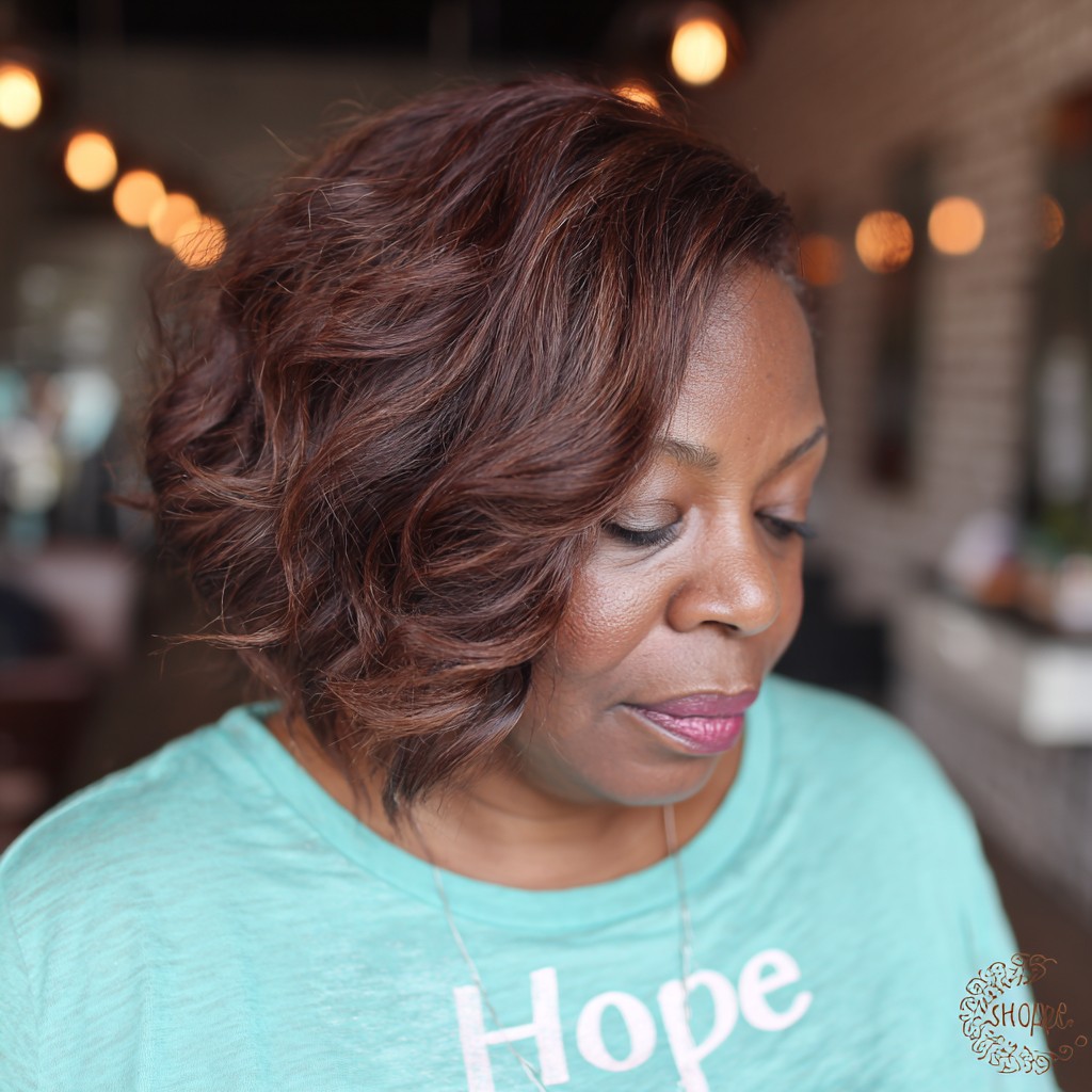 Warm Chestnut Layered Bob with Soft Curls
