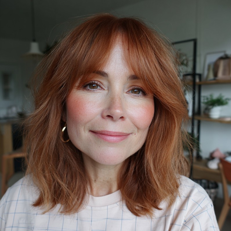 Warm Copper Layered Lob with Soft Curtain Bangs
