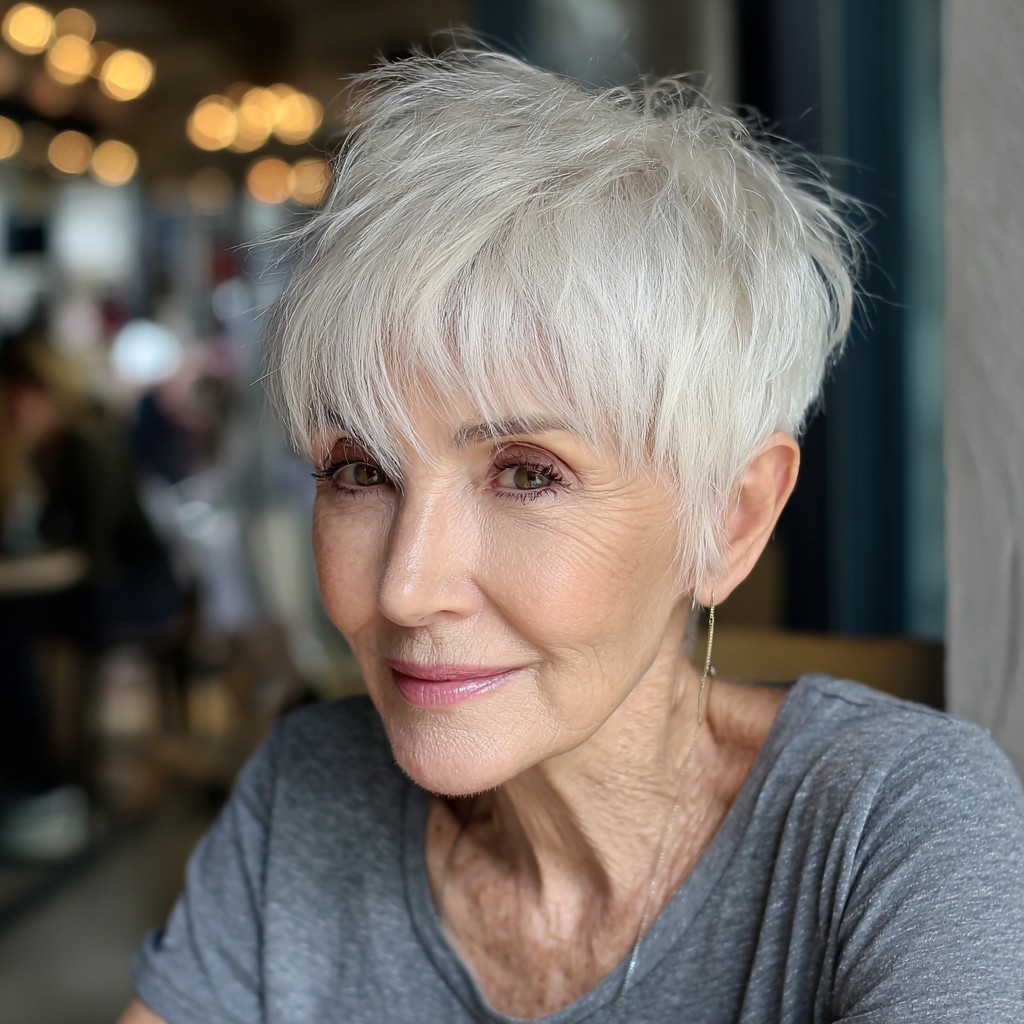 Textured White Pixie Cut with Soft Long Bangs