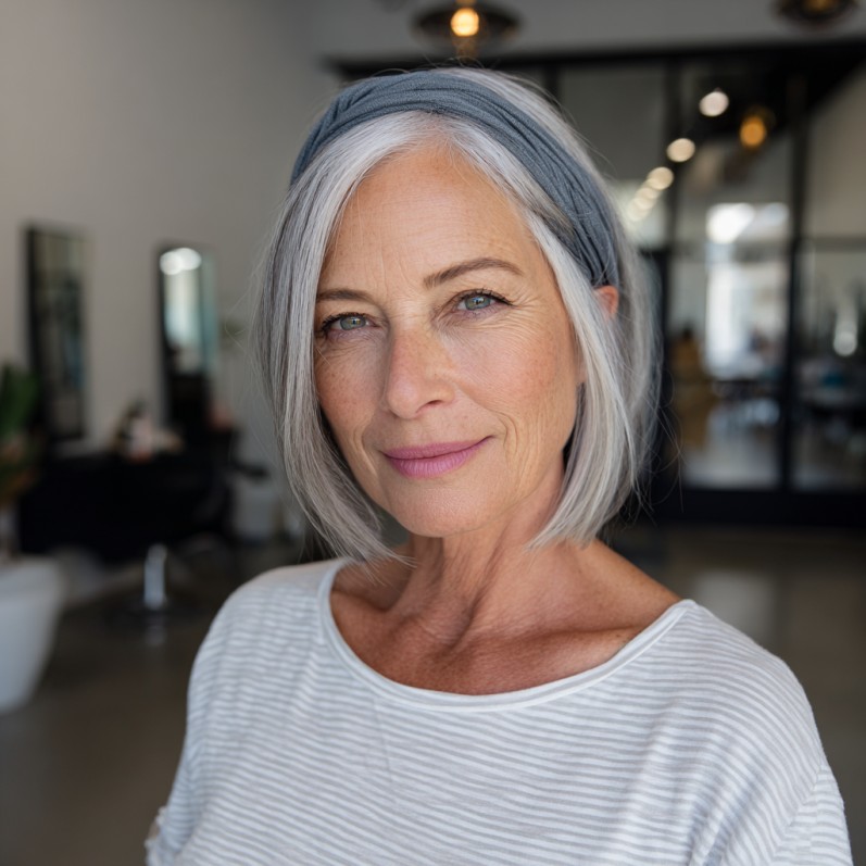 Chic Silver Blunt Bob with a Stylish Headband
