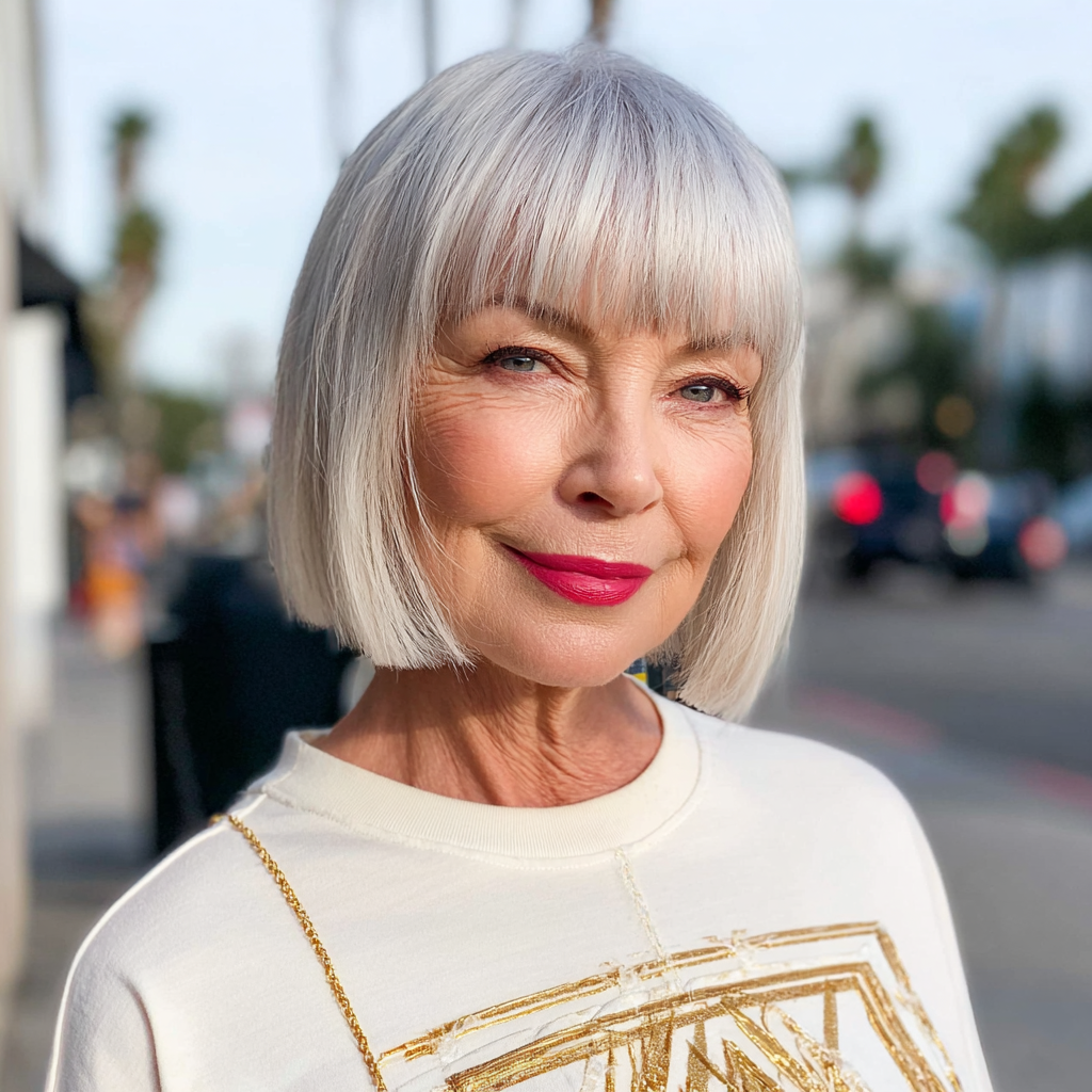 Chic Silvery Blunt Bob with Soft Bangs
