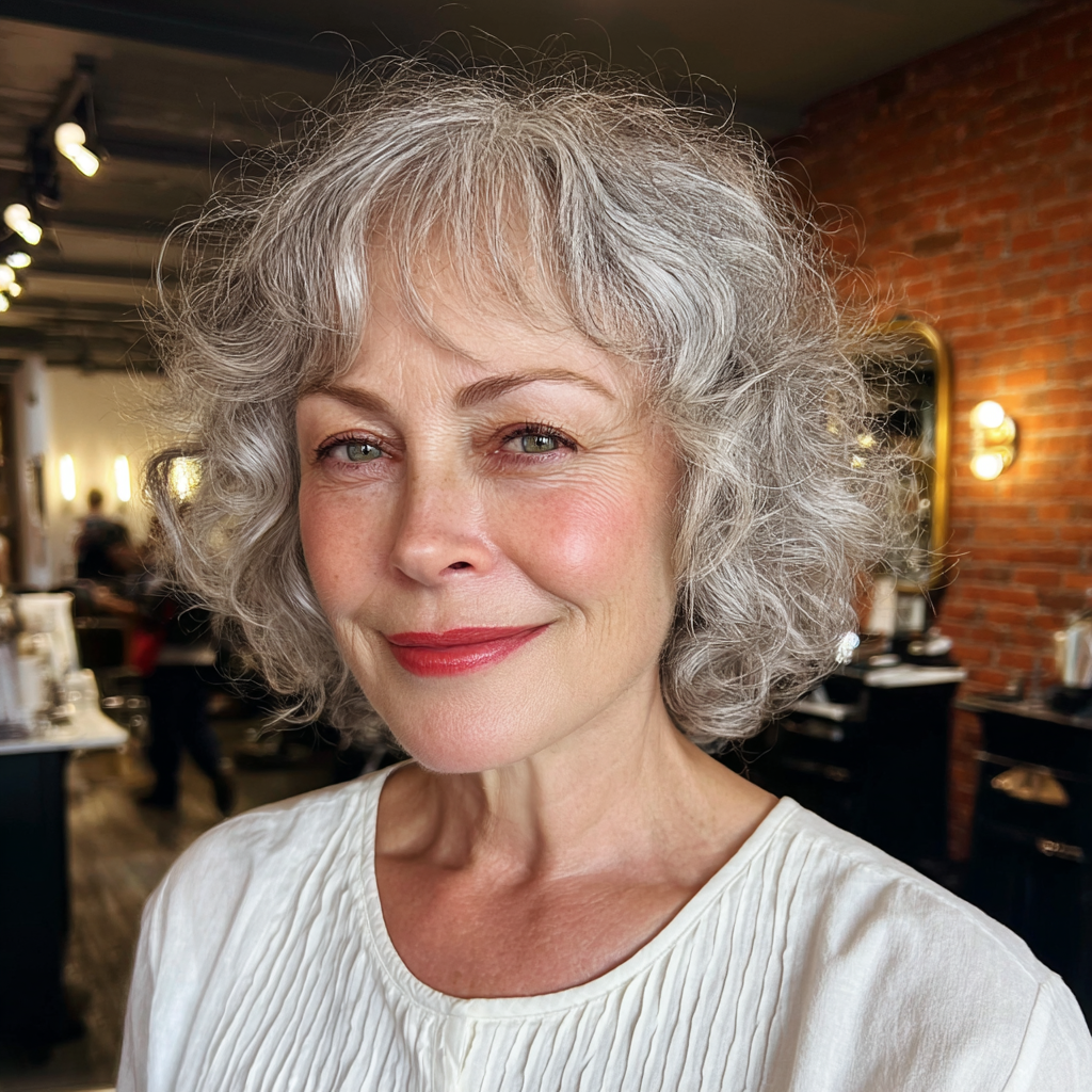 Chic Soft Curly Silver Bob with Defined Texture