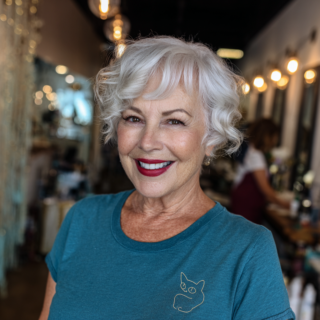 Chic Soft Curly Silver Pixie with Defined Texture