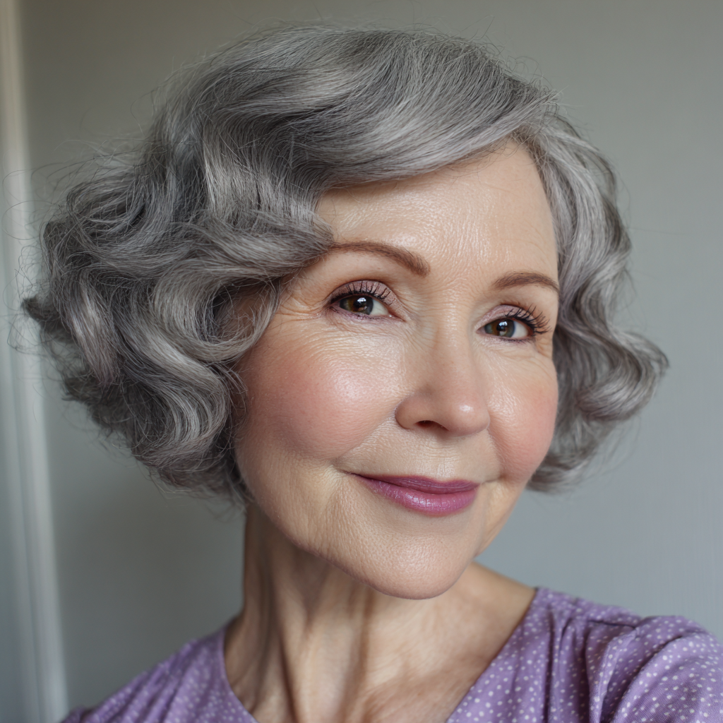 Chic Vintage Soft Gray Bob with Defined Curls