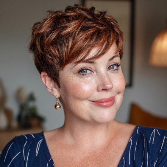 Choppy Textured Pixie with Warm Copper Highlights