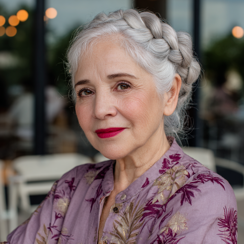 Elegant Braided Silver Crown with Soft Wisps
