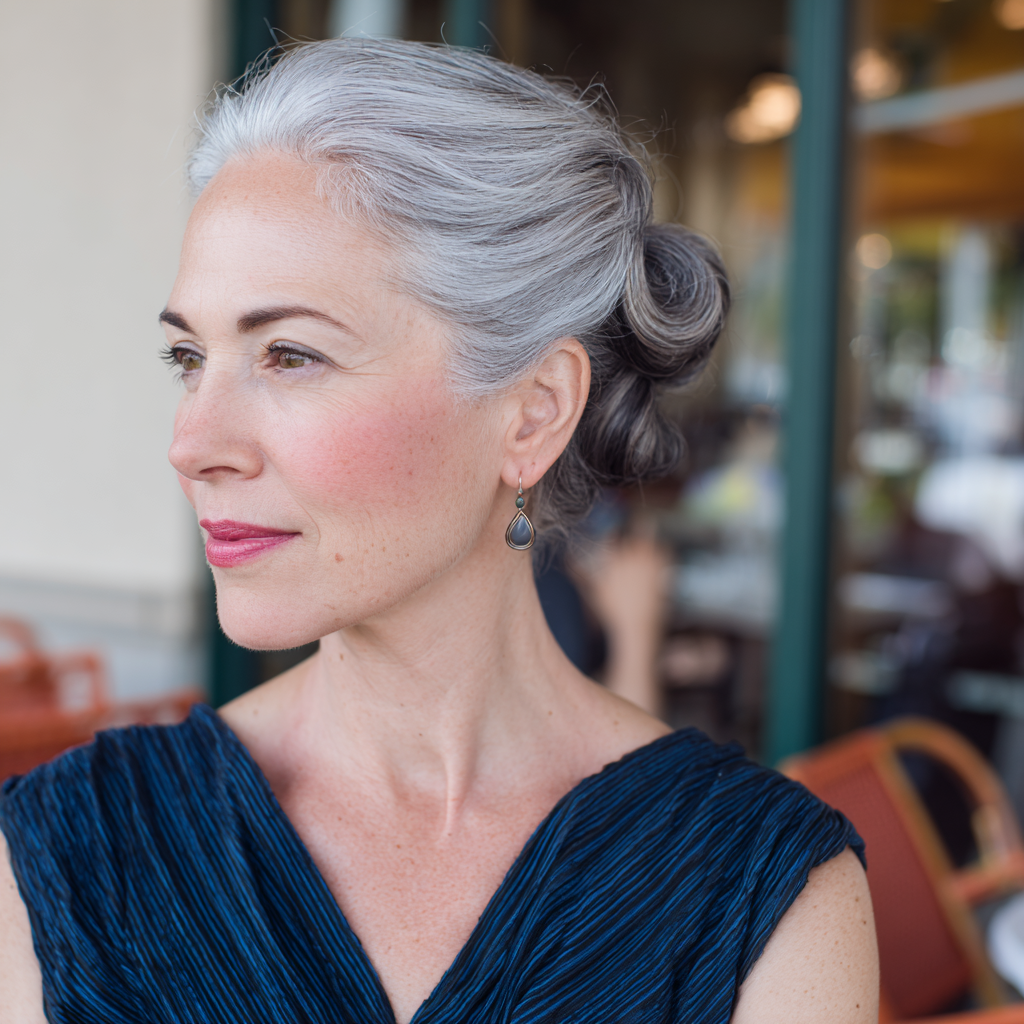 Elegant Silver Chignon with Soft Waves