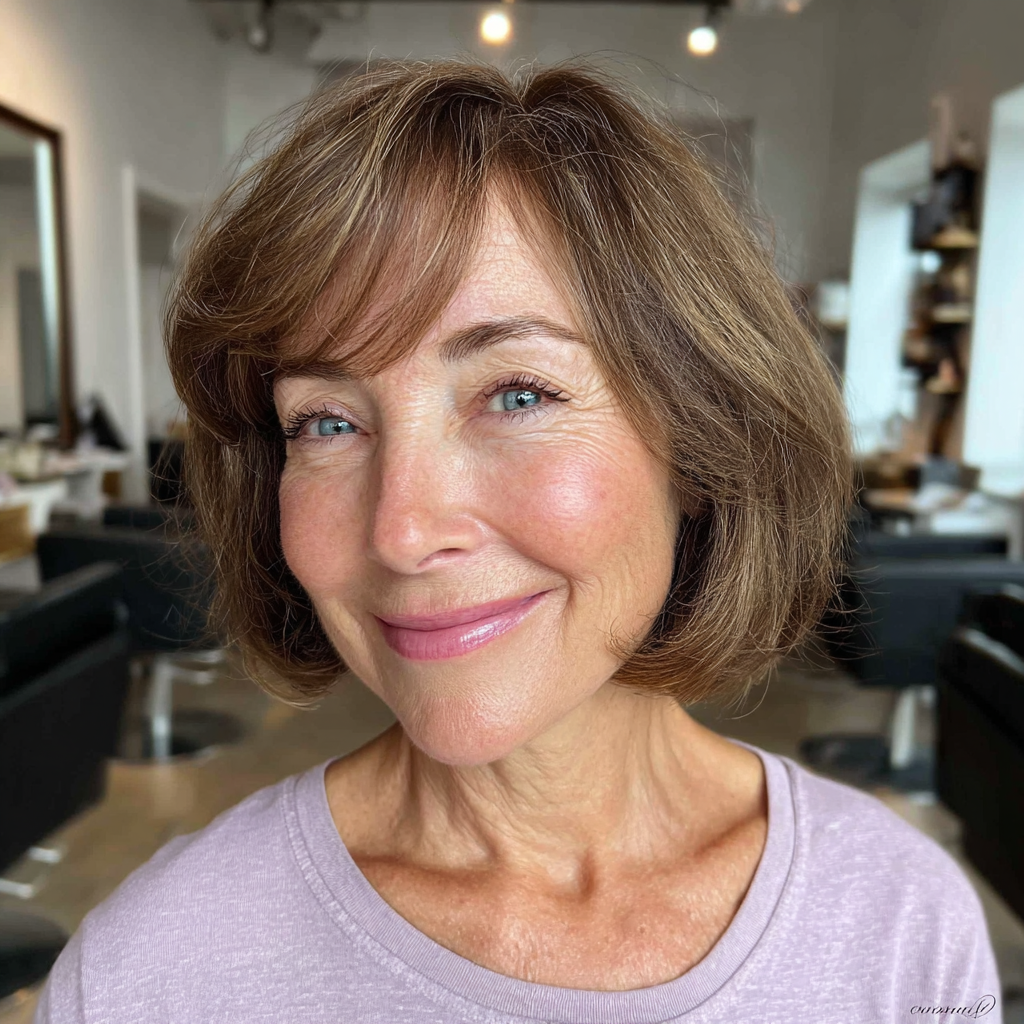 Elegant Soft Brown Bob with Feathered Bangs
