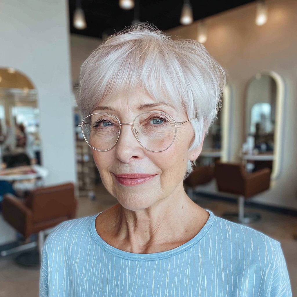 Light Silver Pixie Cut with Feathered Bangs