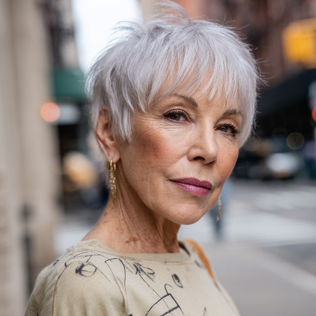 Modern Platinum Pixie Cut with Textured Long Bangs