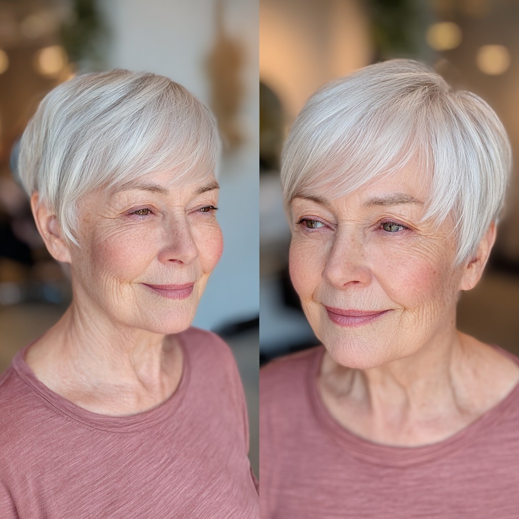 Modern Silver Pixie Cut with Flattering Long Bangs