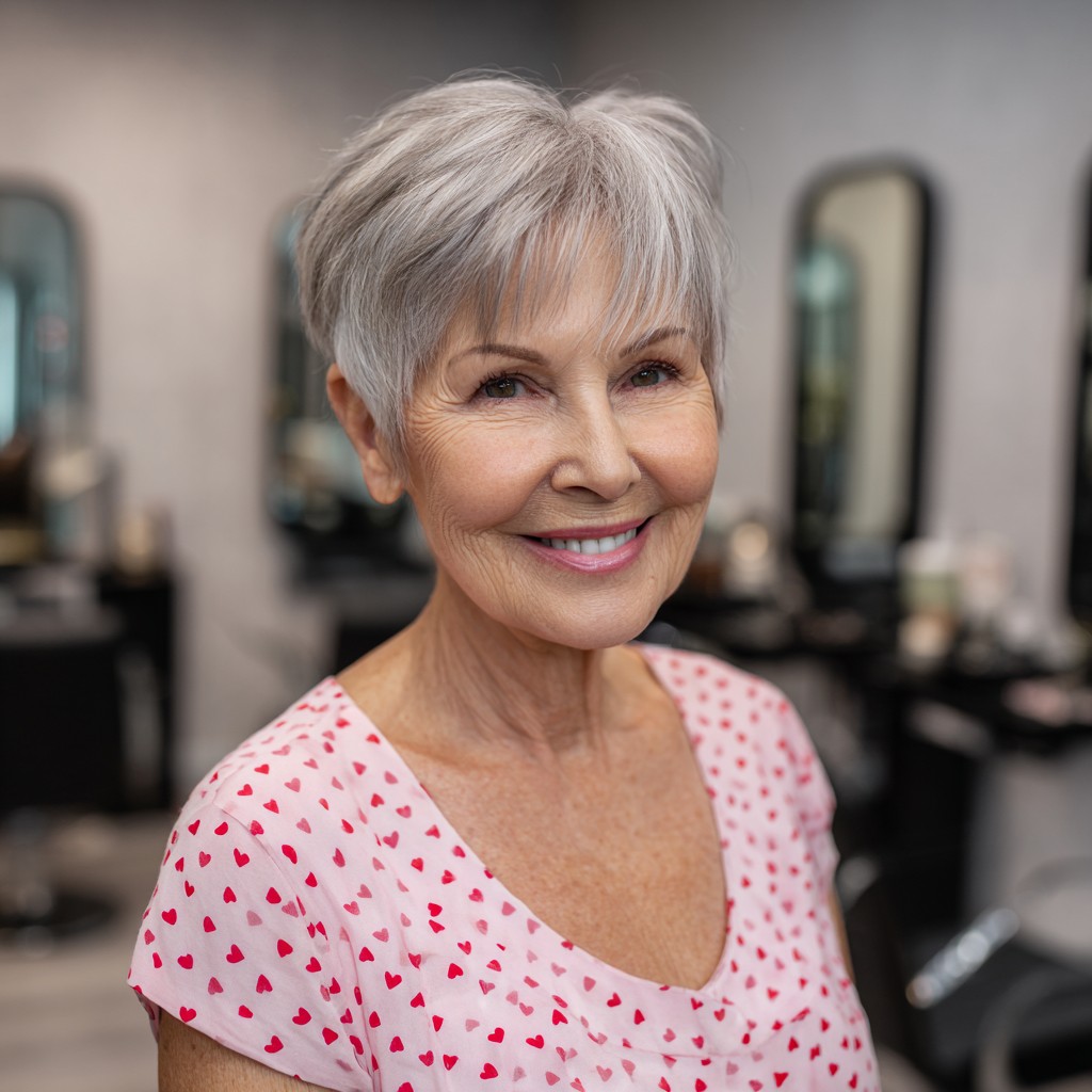 Modern Silver Pixie Cut with Playful Long Bangs