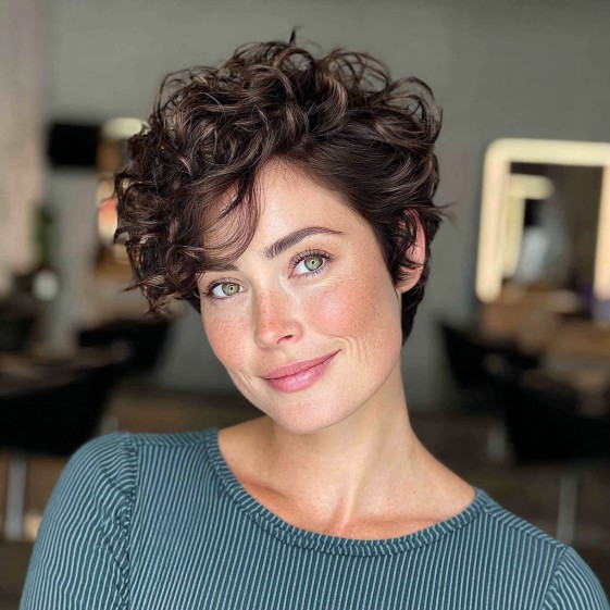 Playful Curly Brunette Pixie with Defined Texture