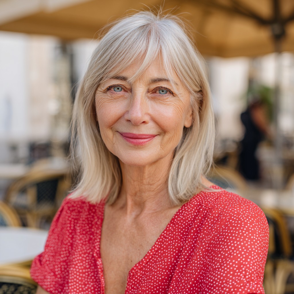 Softly Layered Silver Lob with Side-Swept Bangs