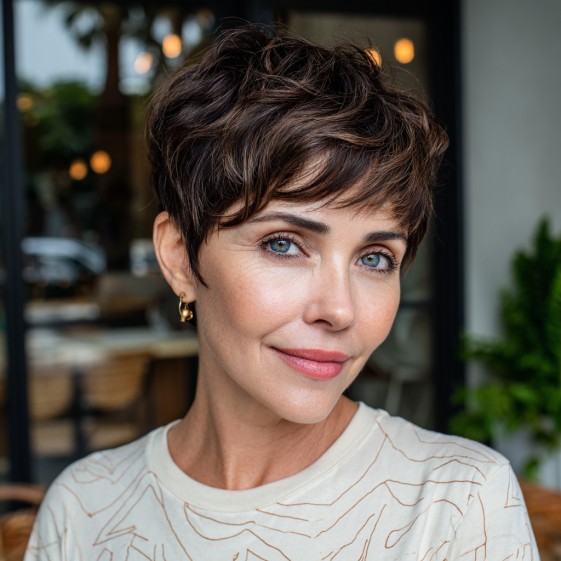 Stylish Brunette Pixie with Subtle Volume