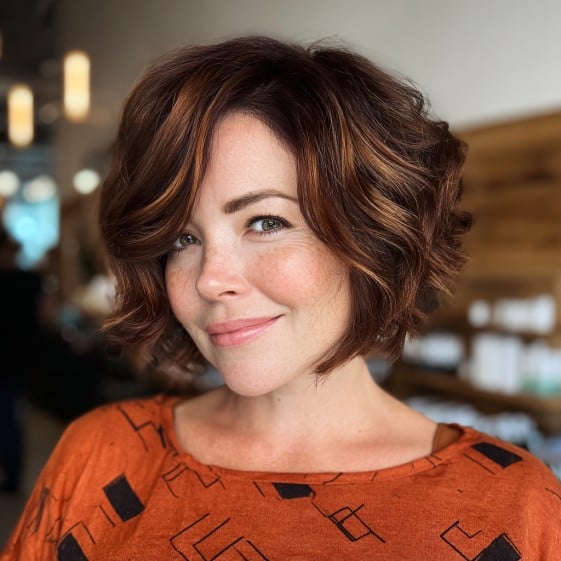 Stylish Curly Bob with Warm Highlights