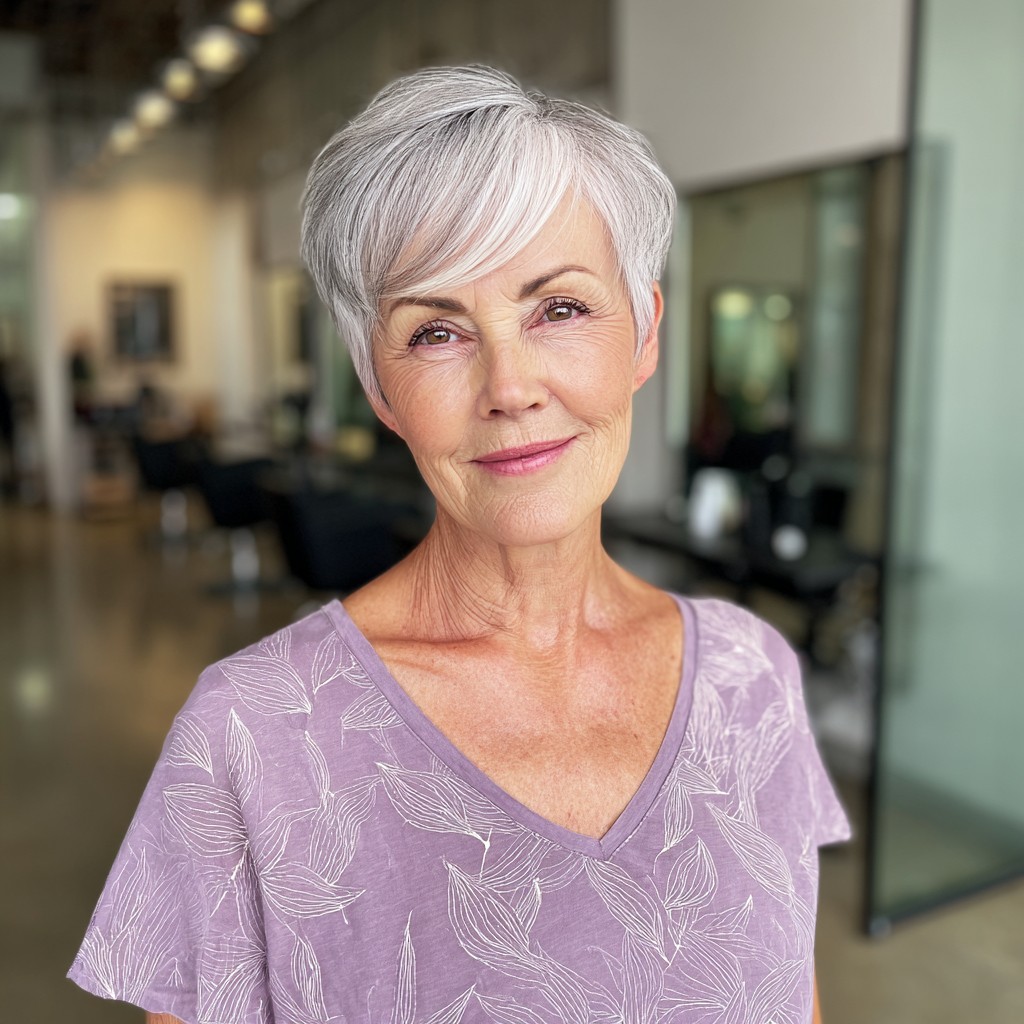Stylish Silver Pixie Cut with Soft Long Bangs