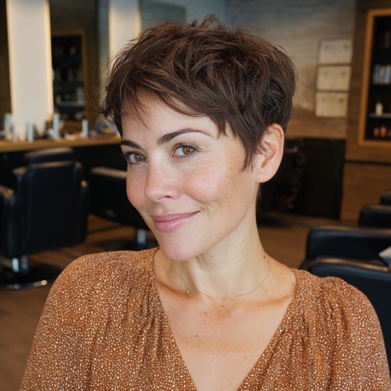 Textured Brunette Pixie Cut with Soft Volume