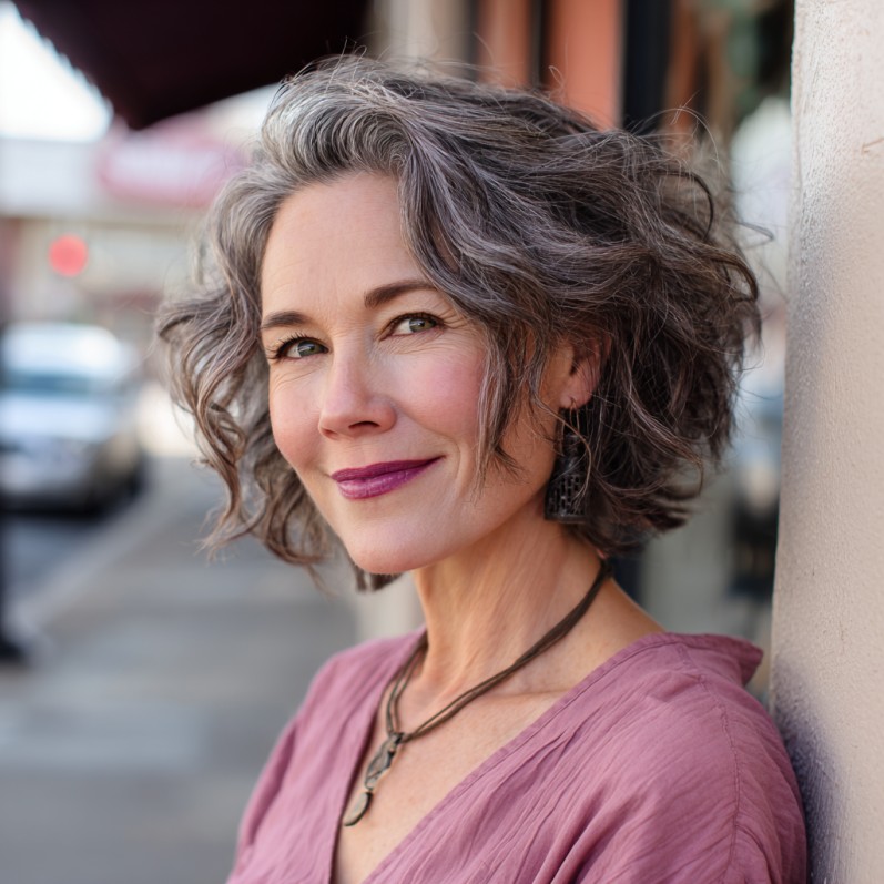 Textured Grey Curly Bob with Soft Volume