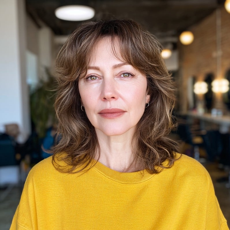 Textured Lob with Soft, Face-Framing Curtain Bangs