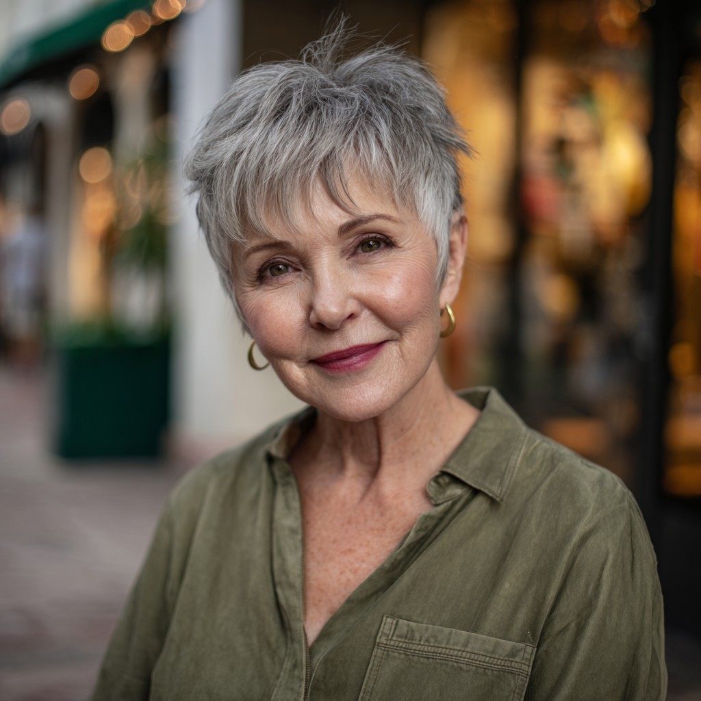 Textured Silver Pixie Cut with Soft Long Bangs