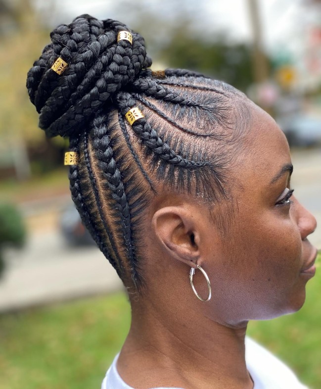 Stylish High Bun with Intricate Stitch Braids