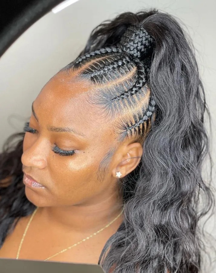 Chic High Ponytail Feed-in Braids with Loose Waves