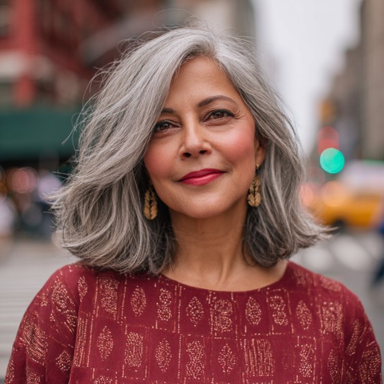 Chic Textured Grey Lob with Soft Balayage Highlights