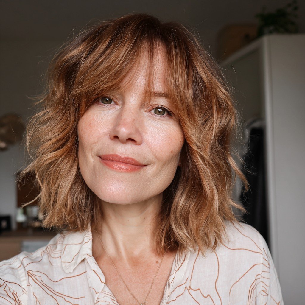 Effortless Wavy Shoulder-Length Cut with Soft Bangs