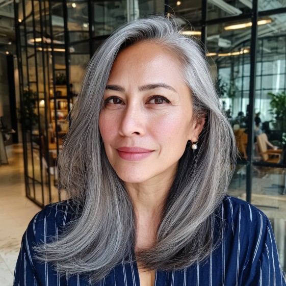 Elegant Long Grey Layers with Soft Balayage Highlights
