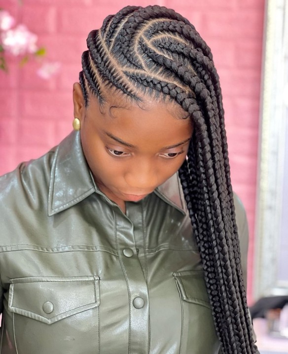 Elegant Side-Swept Stitch Braids with Defined Parting