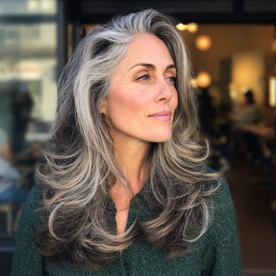 Elegant Voluminous Grey Layers with Subtle Balayage
