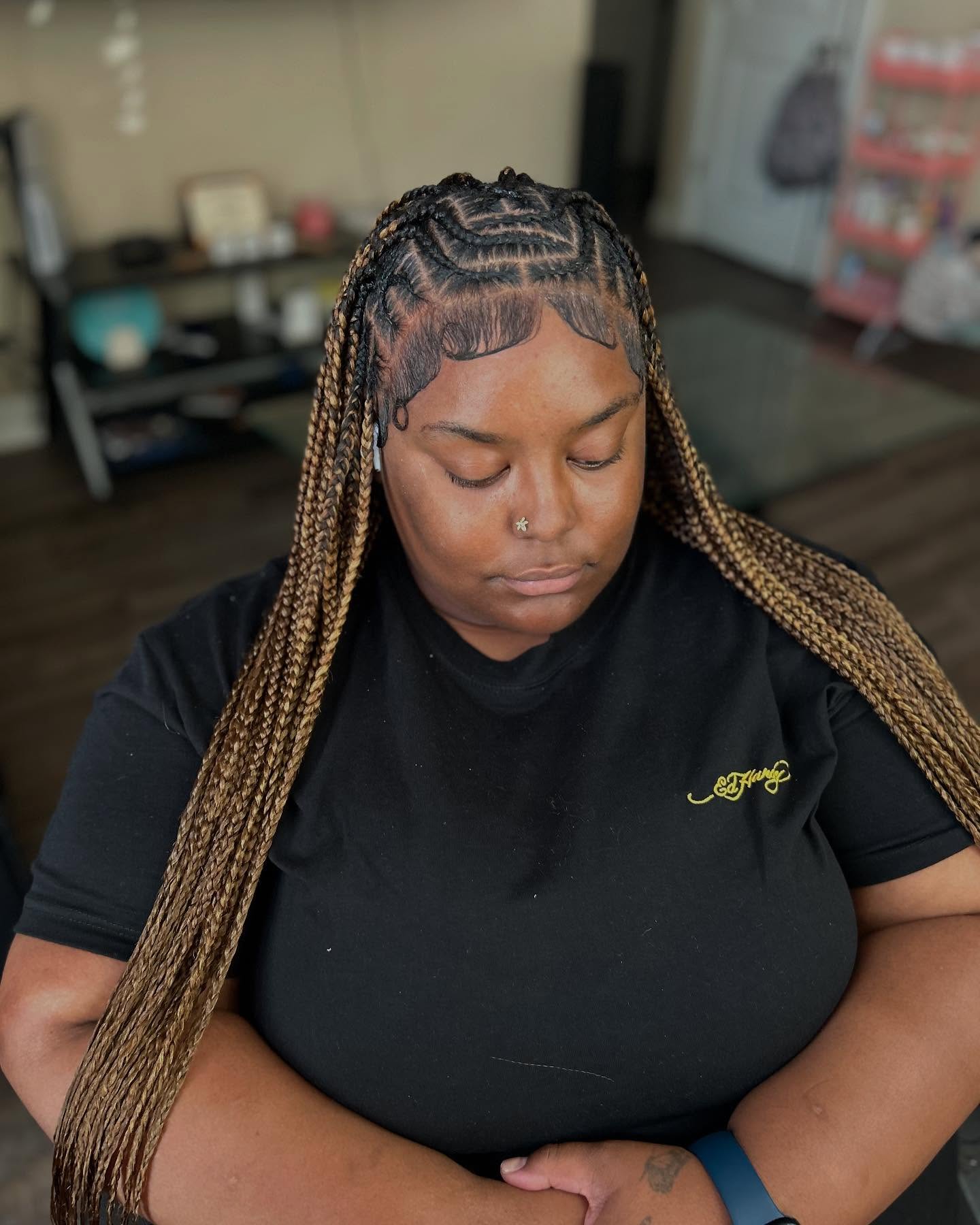 Intricate Zigzag Parted Knotless Braids with Ombre Effect