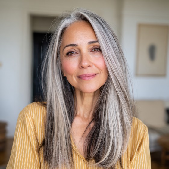 Radiant Long Grey Layers with Subtle Balayage