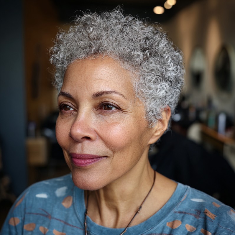 Short Curly Silver Crop with Natural Texture