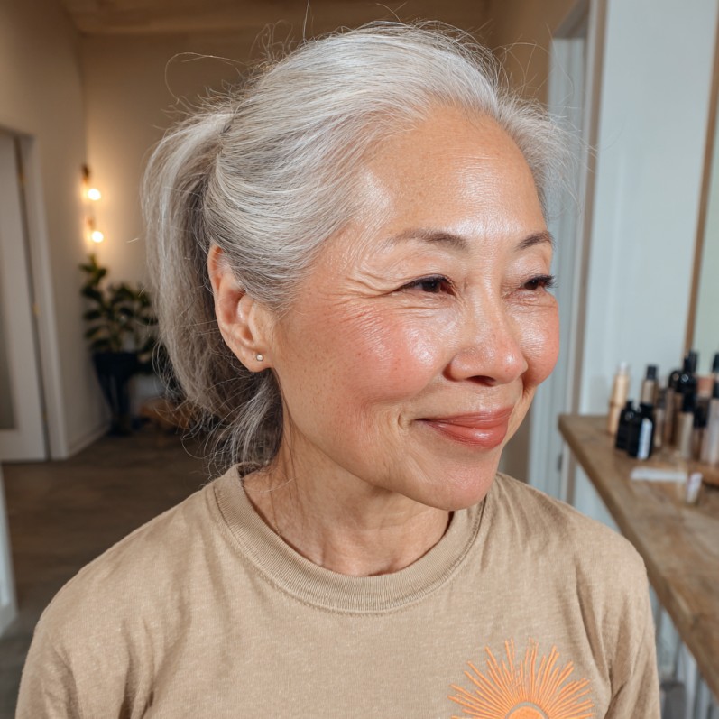 Softly Gathered Silver Ponytail with Gentle Face Framing