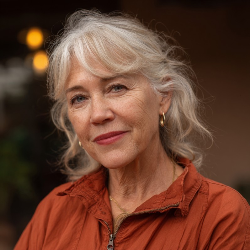 Softly Layered Silver Waves with Face-Framing Bangs