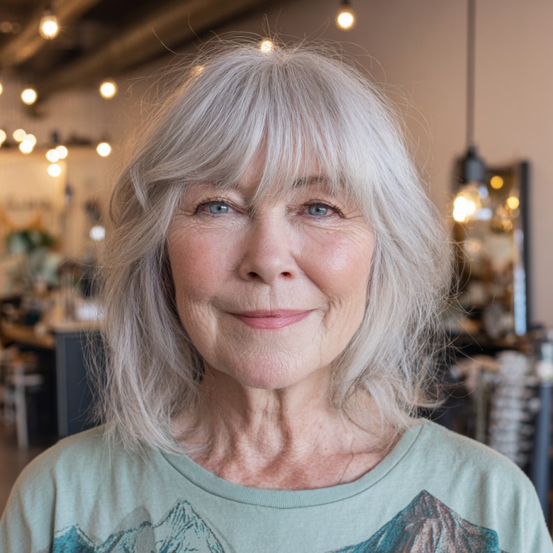 Softly Textured Long Bob with Wispy Bangs
