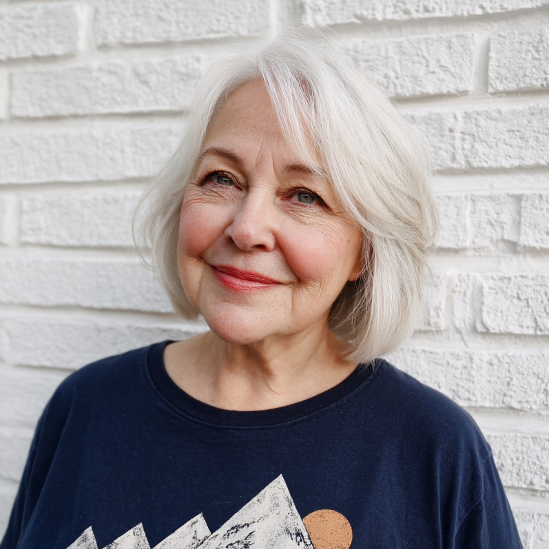 Softly Textured Silver Lob with Gentle Face Framing