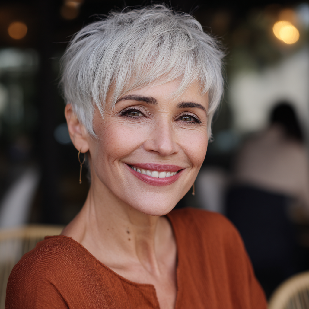 Softly Textured Silver Pixie with Face-Framing Layers