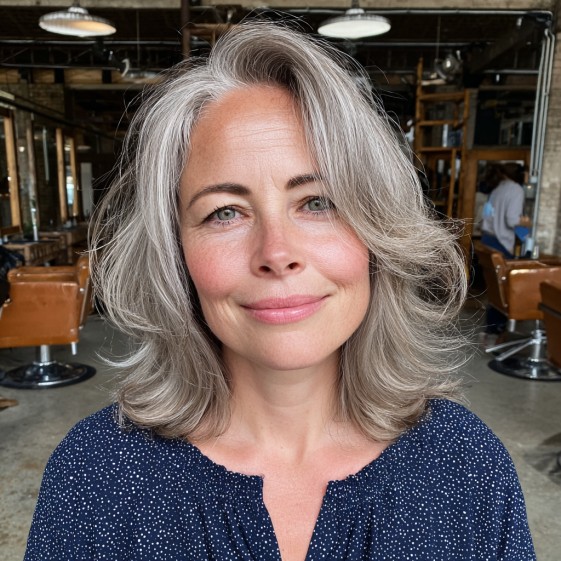 Stylish Grey Lob with Soft Volume and Face-Framing Layers