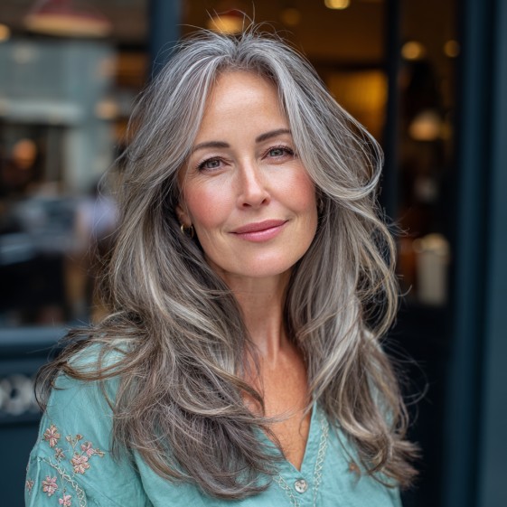 Stylish Long Grey Layers with Soft Balayage