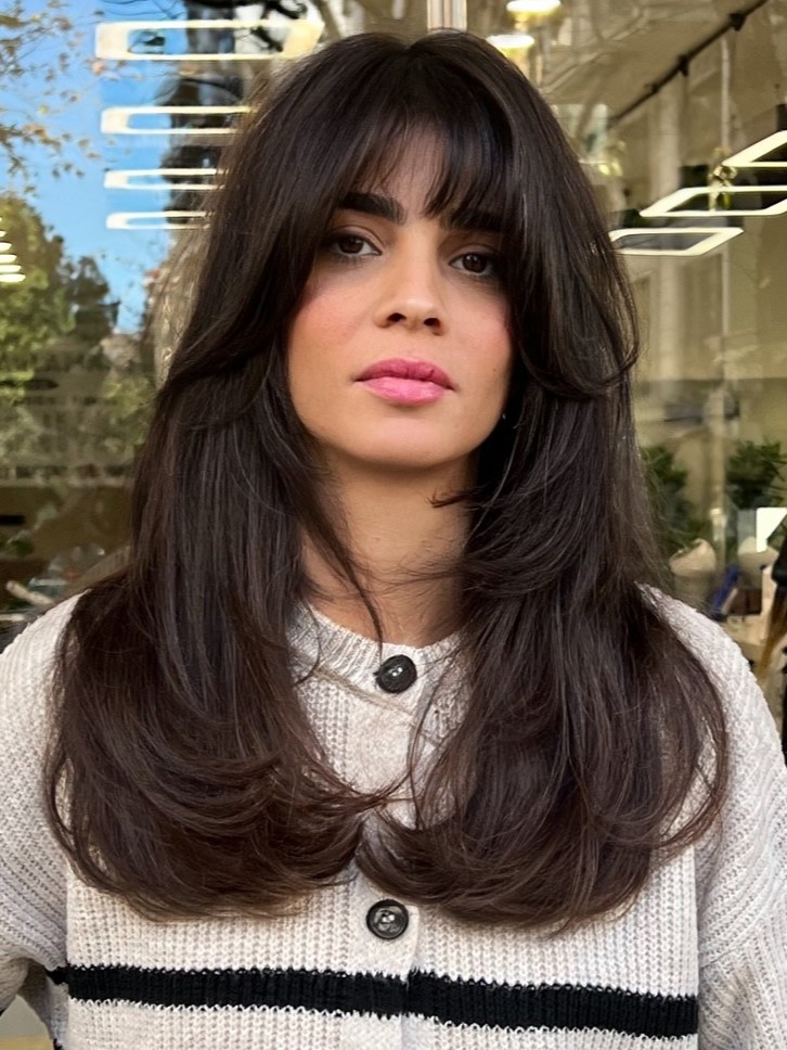 Stylish Long Layered Cut with Soft Curtain Bangs