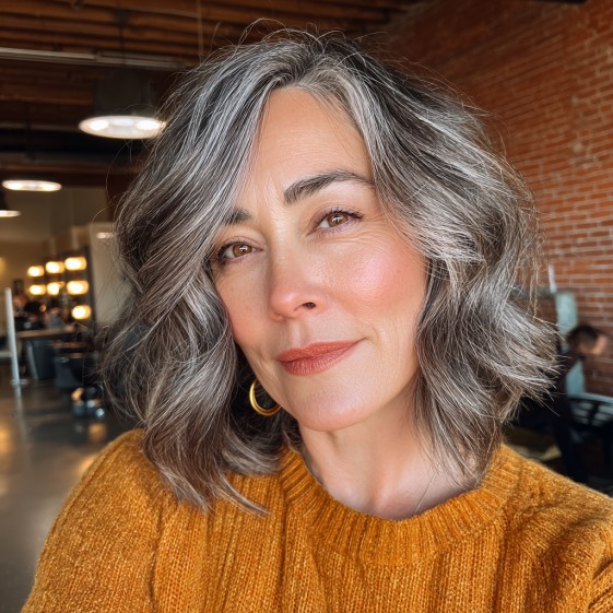 Stylish Wavy Grey Lob with Subtle Balayage