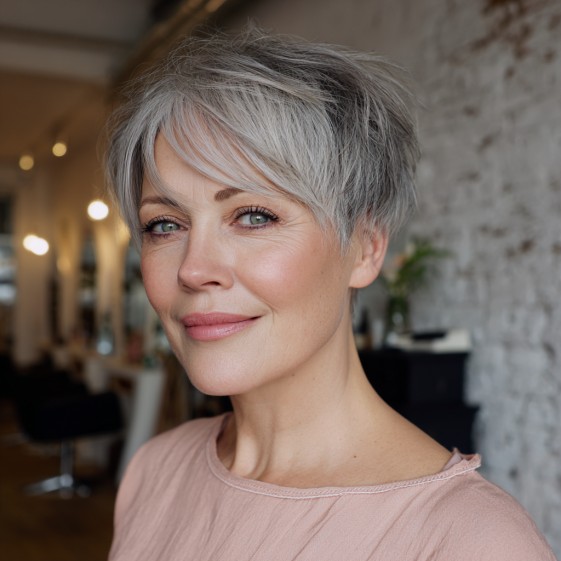 Textured Grey Pixie Cut with Subtle Balayage Highlights