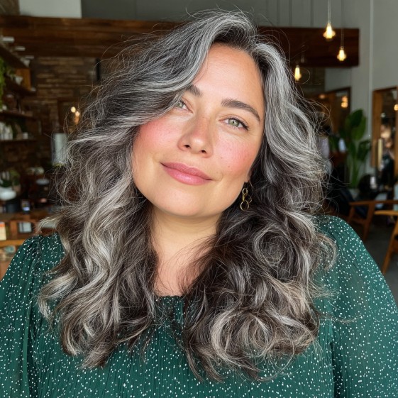 Textured Long Grey Waves with Subtle Balayage Highlights